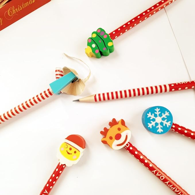 27PCS Pencils with Christmas Top Eraser for Kids,Pencils with Assorted Cartoon Color Stripe Erasers Topper for Kids School Supplies and Children Prize Gifts (27)