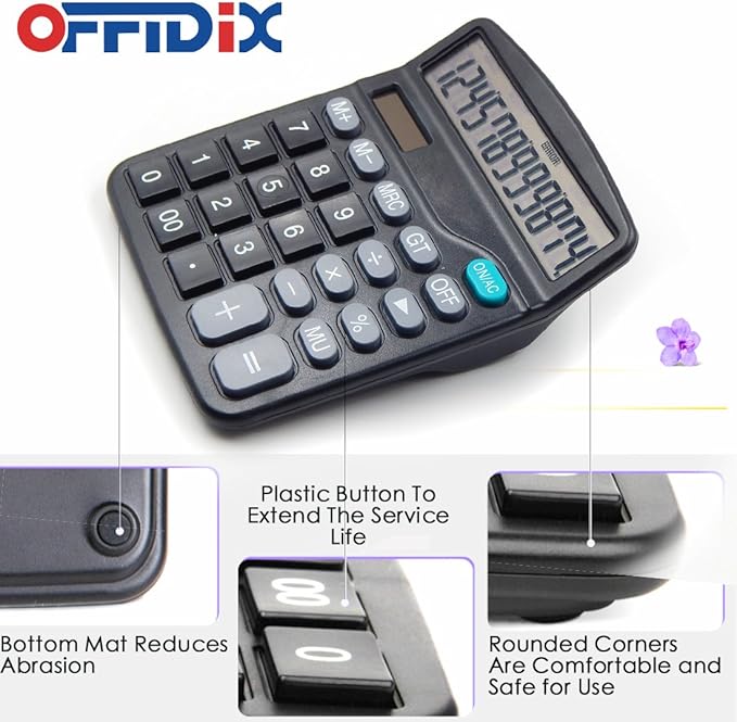 OFFDIX Office Desktop Calculator, Solar and Battery Dual Power Electronic Calculator Portable 12 Digit Large LCD Display Calculator