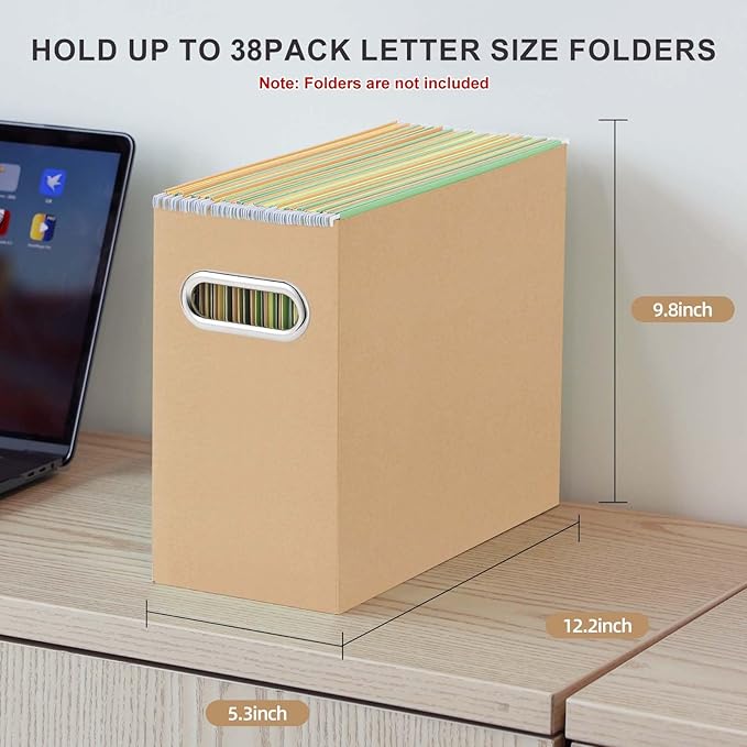 Oterri File Organizer, Small Storage Box, Cardboard File Folder Organizer, Collapsible File Box, Hanging File Organizer for Letter Size, Portable File Box with Handle, Only Box (Brown, 4 Packs)