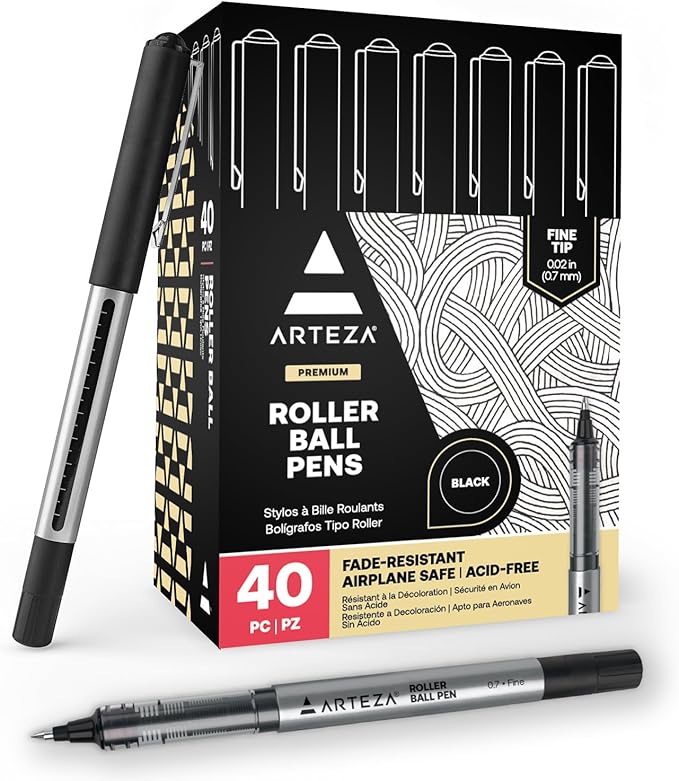 ARTEZA Rollerball Pens, Pack of 40 – Black Ink Fine Point Pens with 0.7 mm Tip for Journaling, Notetaking, Office Work, and Everyday Writing