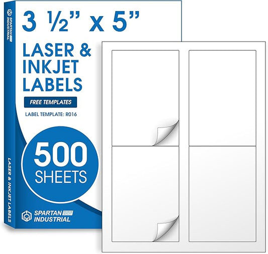 3 1/2" X 5" Matte White Printable Labels Compatible with Inkjet and Laser Printers - 500 Sheets, 2000 Stickers for Shipping, Mailing, and Organization - Spartan Industrial