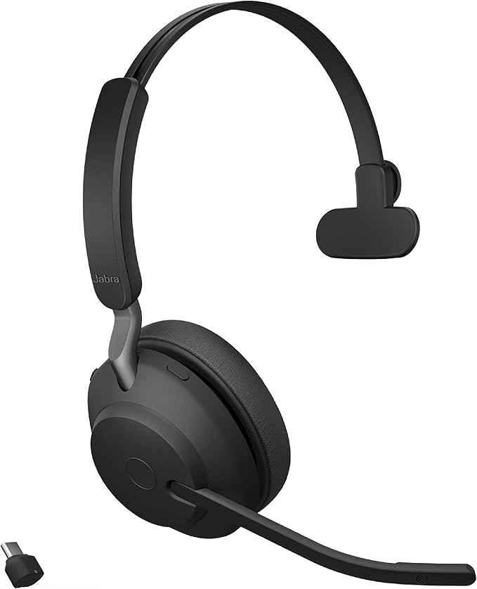 Jabra Evolve2 65 UC Wireless Headset with Link380c, Mono, Black – Wireless Bluetooth Headset for Calls and Music, 37 Hours of Battery Life, Passive Noise Cancelling Headphones