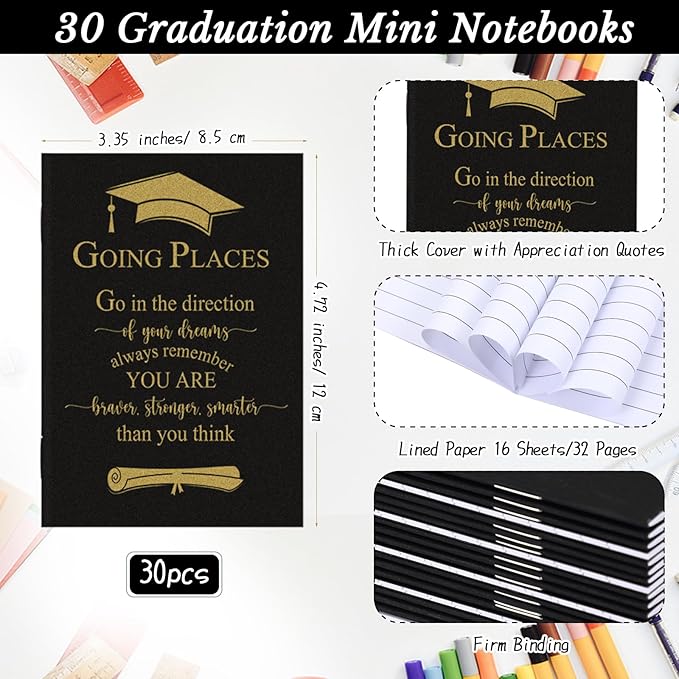 Kosiz 60 Pcs Graduation Gifts Motivational Mini Journal Inspirational Bamboo Pen Kraft Notebooks Bulk Wooden Retractable Ballpoint Pen for Class of 2025 College Gifts (Black)