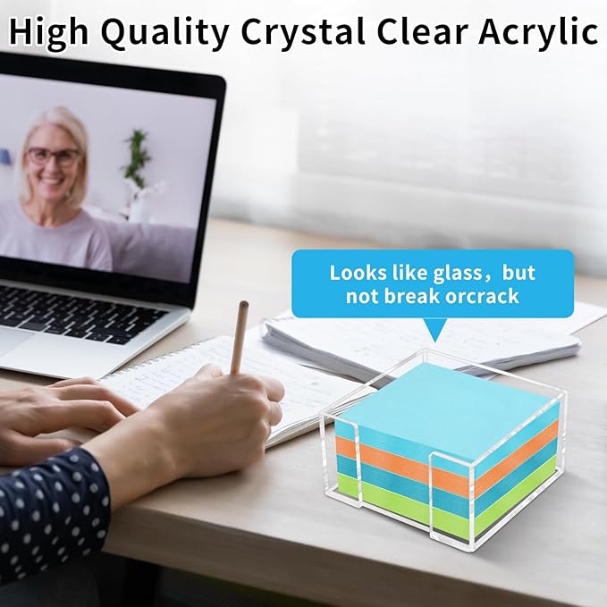 Acrylic Sticky Note Holder - 3 x 3 Inch Post It Note Holder, Crystal Clear Sticky Note Dispenser for Dorm Room Home and Office Acrylic Desk Organizer