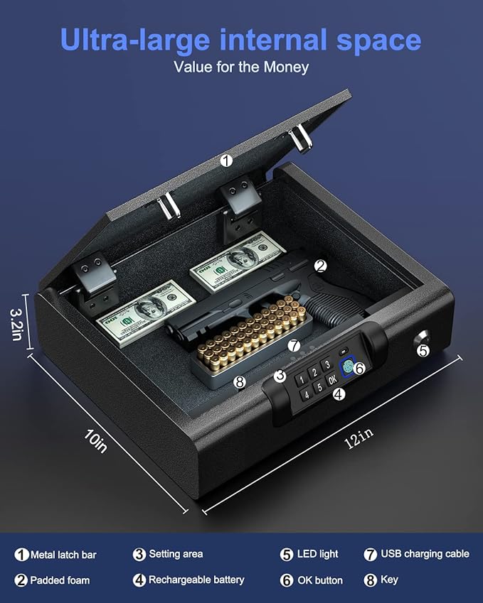 Gun Safe,Biometric Gun Safe for Pistols 3-Ways unlock Fingerprint Digital PIN Key Unlock with Voice, Lock box for Cloakroom living room Bedroom Nightstand and Car BILLCONCH