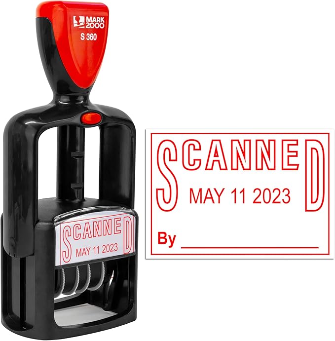 Self-Inking Rubber Date Office Stamp with Scanned Phrase - Red Ink - 12-Year Band