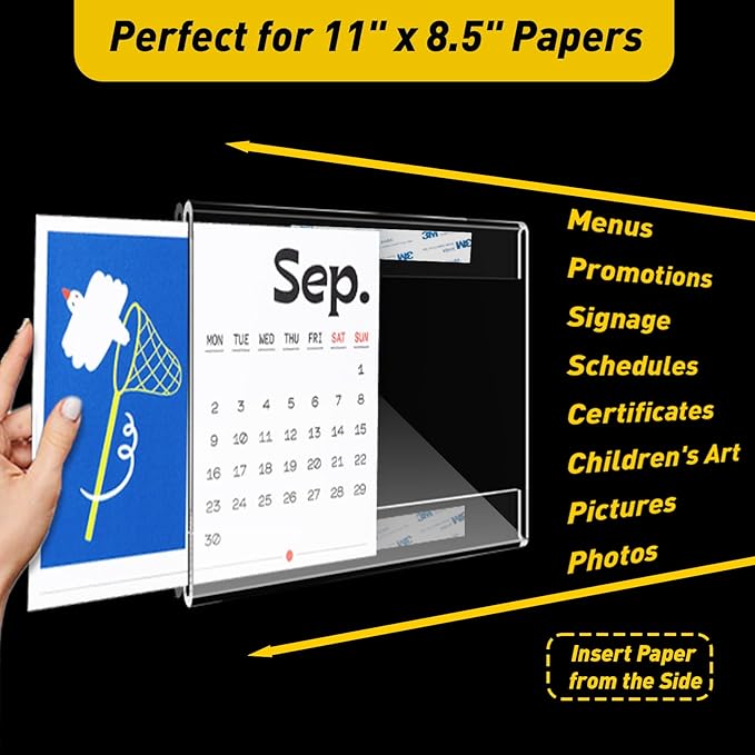 6 Pcs Acrylic Sign Holder 11 x 8.5, Horizontal Wall Mount Sign Holders with 3M Adhesive, Clear Plastic Frames Paper Display Sign Holders for Office, Home, Store, Restaurant - No Drilling
