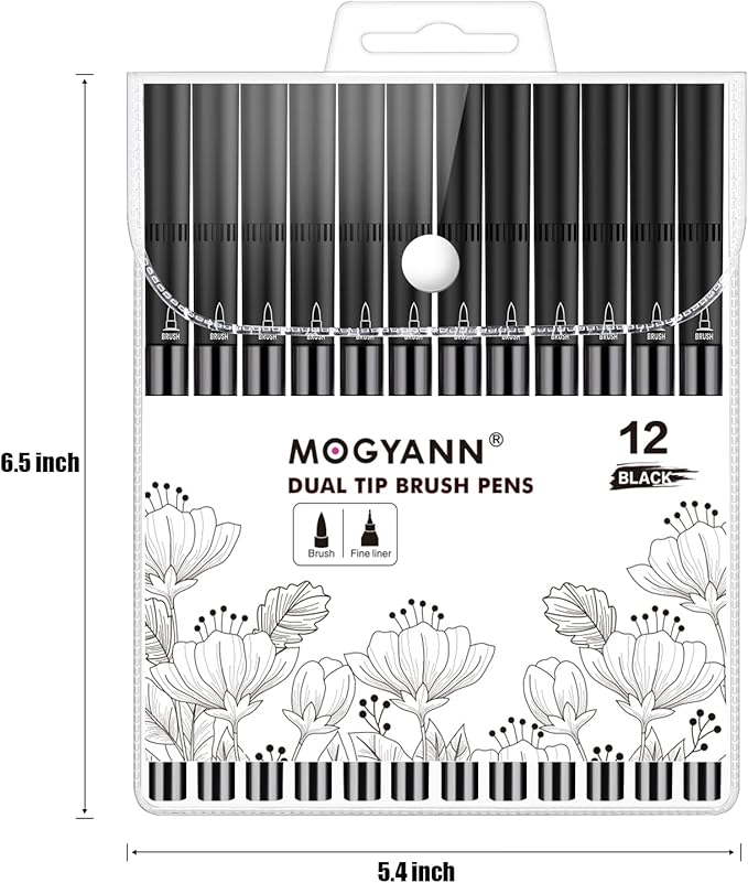 Mogyann Drawing Pens, 12 Pack Dual Brush Pens Black Markers for Art Drawing Sketching