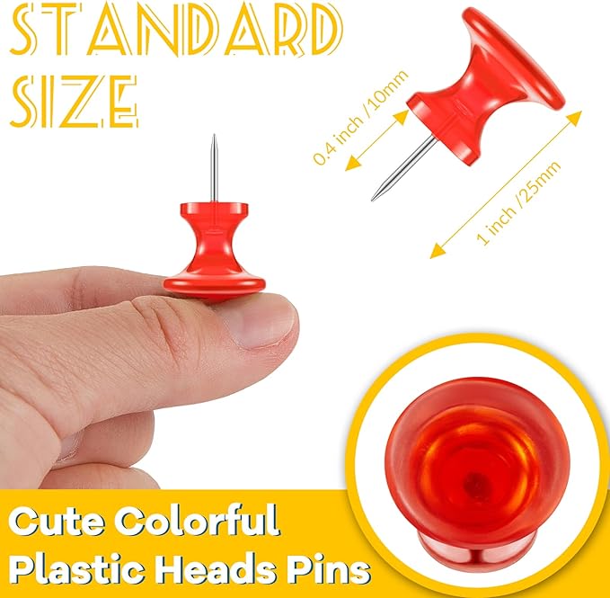 Outus 100 Pcs Giant Push Pins Large Thumb Tacks Plastic Heads 1 Inch Jumbo Push Pins for Cork Board Map Posters Office School(Red, Yellow, Blue, Green, Transparent)