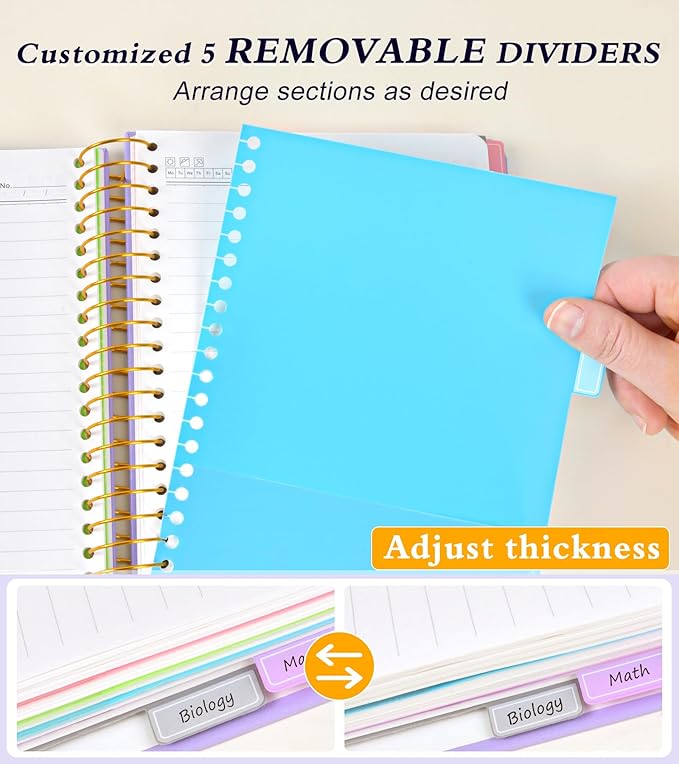 5 Subject Notebook College Ruled, Hardcover Spiral Notebook with Removable Pocket Dividers Tabs, 240 Pages Lined Spiral Journal Notebook for Women, 6x8.5 Notebooks for Work School Note taking A5 purple
