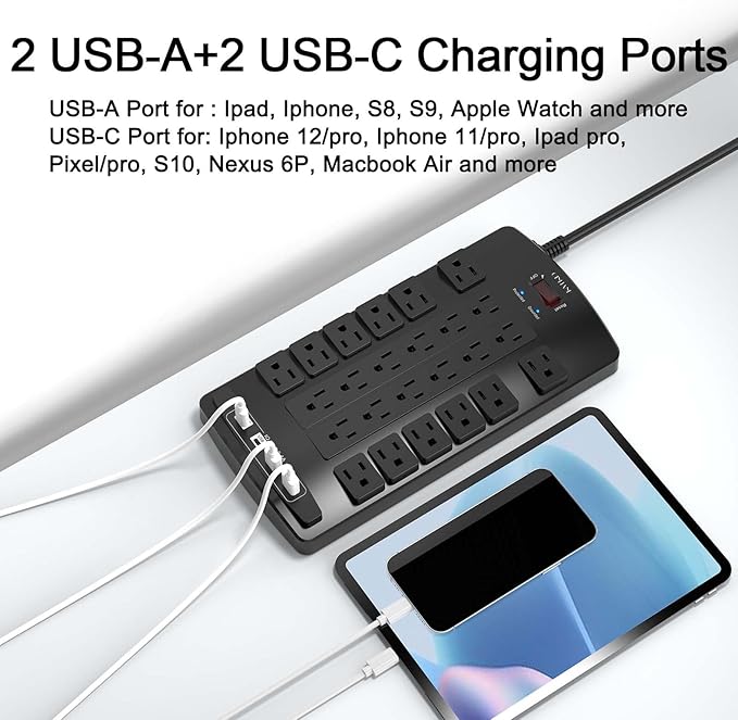 QINLIANF Surge Protector Power Strip - 15Ft Flat Plug Heavy Duty Extension Cord with 24 Outlets and 4 USB Ports(1 USB-C Ports), 1875W/15A, 4100J, for Home, Office, Dorm, ETL Listed, Black