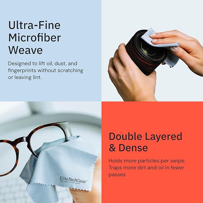 Elite Tech Gear 4-Pack Microfiber Cloth Set - 12"x12" Oversized Washable & Durable Wipes for Glasses, Lenses, Electronics & Screens - Glasses Cleaner Cloth