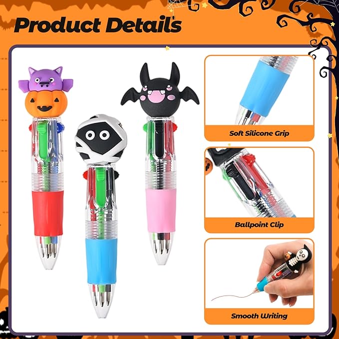 24 Pcs Halloween Multicolor Pens in One 4-in-1 Cute Kawaii Fun Pen Spooky Pumpkin Ballpoint Pen for Trick-or-Treat Halloween Office Supplies & Classroom Gifts (Halloween)