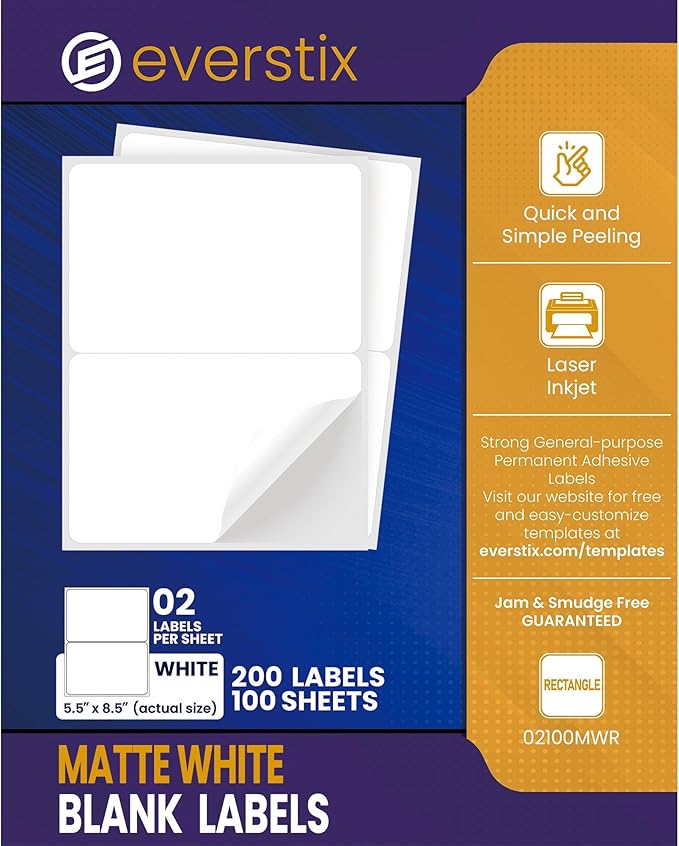 5.5" x 8.5", 100 Sheets, 200 Printable Half Sheet Labels, Blank Mailing Labels for Laser & Inkjet Printers, Letter Size