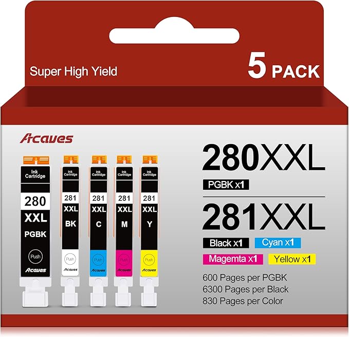 280XXL 281XXL Ink Cartridges High Yield Compatible for Canon Ink 280 and 281 cartridges for Canon tr8620a Ink cartridges TR8620 TR8520 TR8600 TS9521C Printer, 5 Pack PGBK Black Cyan Magenta Yellow