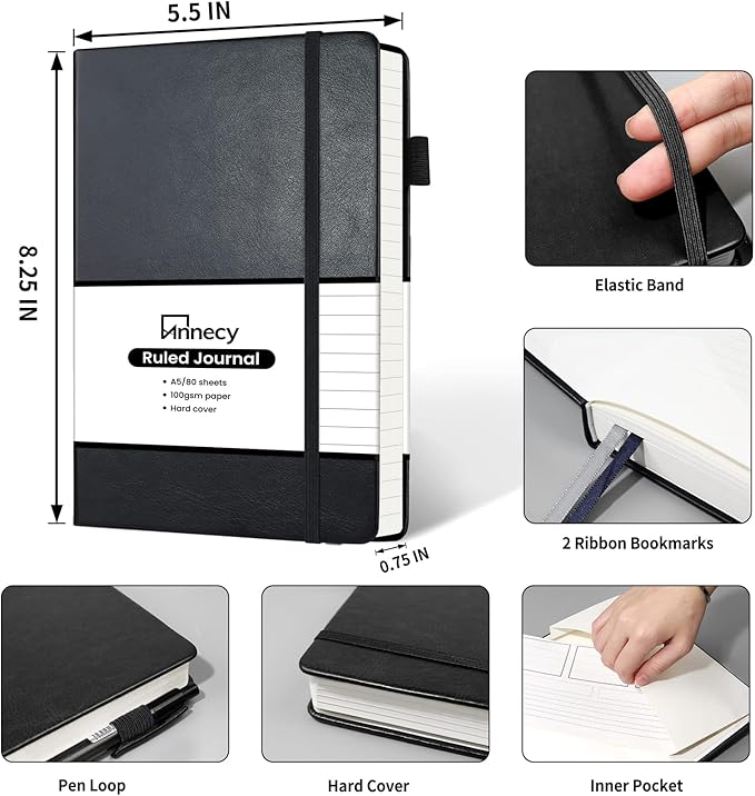 Annecy Lined Journal Notebook, Hardcover Numbered College Ruled Journal, Medium 5.5x 8.25, 160 Pages 100GSM Writing Paper, Black