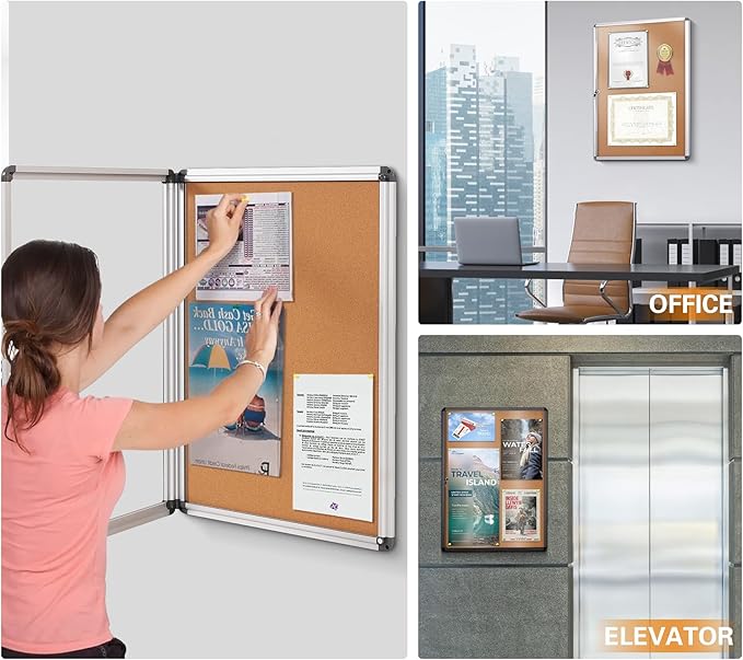 SWANCROWN Lockable Noticeboard Wall-Mounted Bulletin Cork Boards Tamper Proof Information Board Indoor,Black Frame,28x26 inch (6xA4)