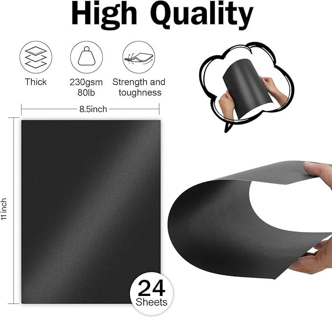 24 Sheets Black Shimmer Cardstock 8.5 x 11 Metallic Paper, Goefun 80lb Card Stock Letter Size Sheets for Halloween, Invitations, Scrapbooking, Crafts, Graduations