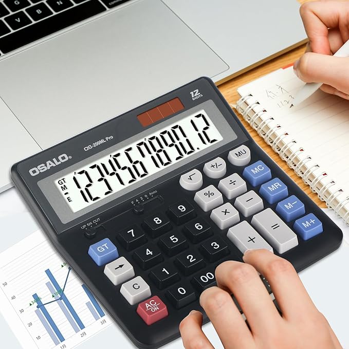 OSALO Desktop Calculator Extra Large Display 12 Digits Big Buttons Solar Accounting Calculator for Office Black (OS-200ML)