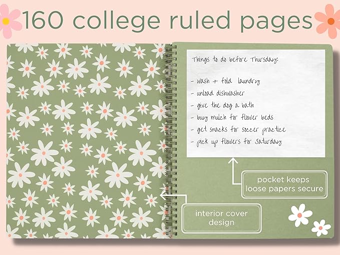 Steel Mill & Co Cute Large Spiral Notebook College Ruled, 11" x 9.5" with Durable Hardcover and 160 Lined Pages, Star Floral, Green