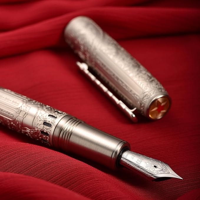 Hongdian 100 Silver Steel Piston Fountain Pen, Iridium Extra Fine Nib Calligraphy, Smooth Writing Pens, Nice Writing Pen for Men & Women