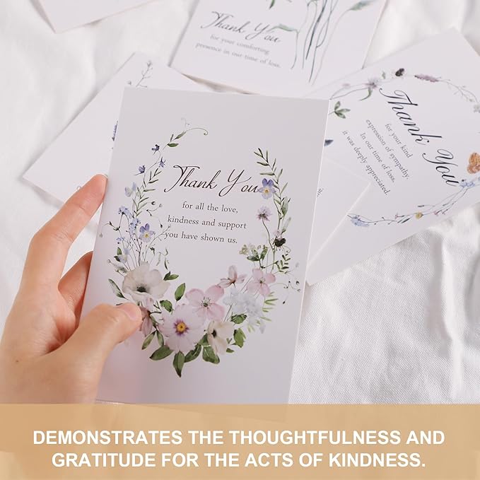 C2U Funeral Thank You Cards with Envelopes(100 Pack 4"x6"),Stickers & Message Inside - Wildflower Bereavement Sympathy Thank You Cards for Funeral Family Friends Loved Ones