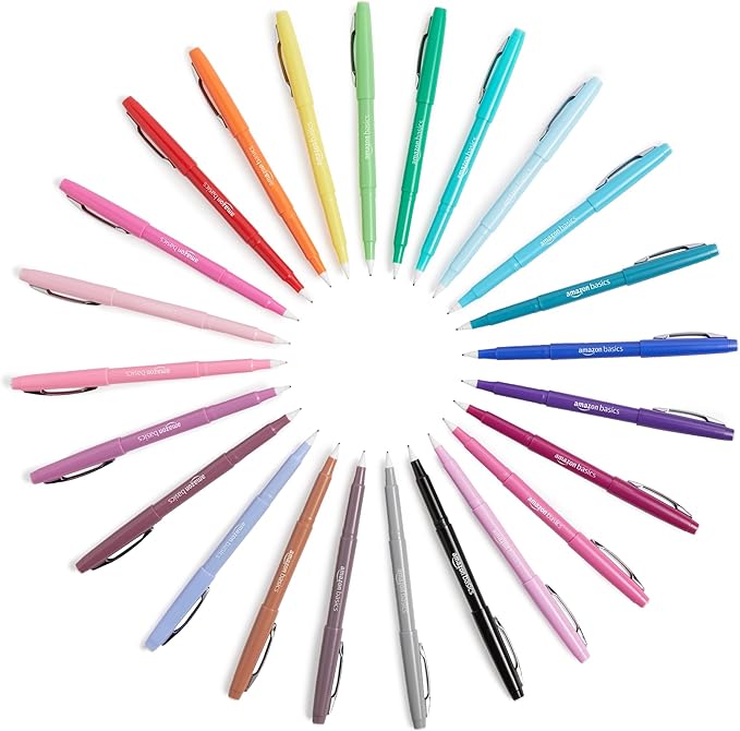 Amazon Basics Felt Tip Marker Pens, Versatile for Writing, Drawing, and Journaling, Black, 24-Pack