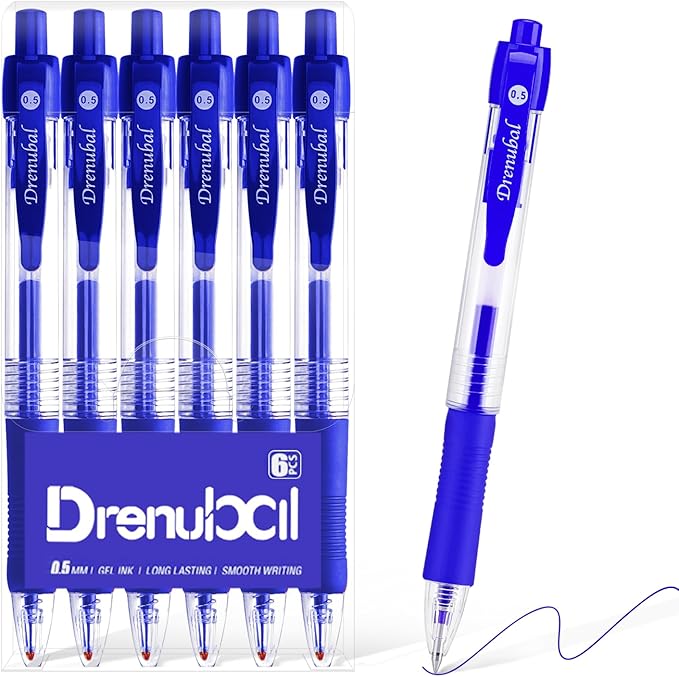 Blue Glide for School Office Retractable Ball Pens, Medium Point (0.5mm), Comfortable Rubber Grip For Writing, 6-Count Pack