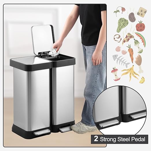 Kitchen Trash Can, 2 x 7.93 Gal (2 x 30L) Dual Trash Can with Recycle Bin, Stainless Steel Garbage Can, Fingerprint-Resistant Soft-Close Dual Recycling Bins for Kitchen