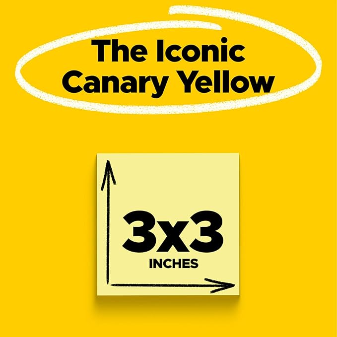 Post-it Super Sticky Notes, 12 Sticky Note Pads, 3 x 3 in., School Supplies, Office Products, Sticky Notes for Vertical Surfaces, Monitors, Walls and Windows, Canary Yellow