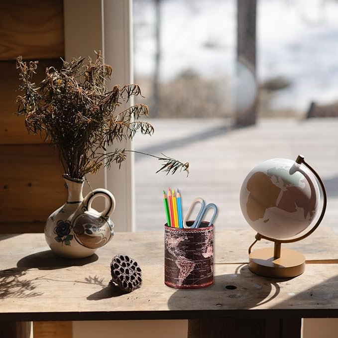 Black World Map Pencil Holder for Desk, PU leather Pencil Cup, Globe Pen Holder for Desk Office Supply Organizer PH46
