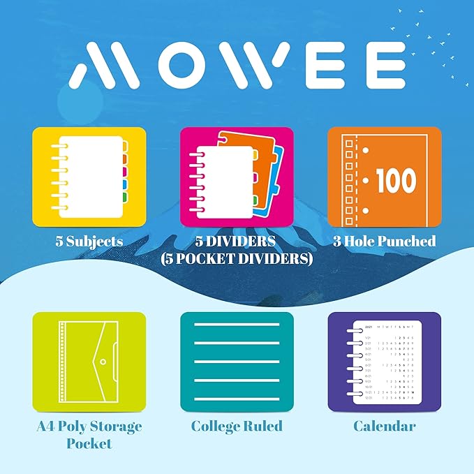 Spiral Notebook - 5 Subject Notebook, College Ruled Notebook With Dividers Pocket, Tabs Label, 11" Ruler, 200 Pages, for Writing Journal, Home & Office, School Supplies, 8.5''x11''Black