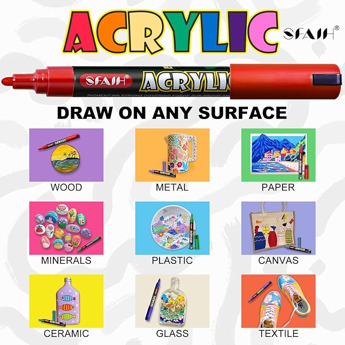 SFAIH Acrylic Creative Markers - 3mm Replaceable Nibs 36 Colors, Large Ink Capacity, Ultra-High Coverage, Non-Bleeding Water-Based Ink, Drawing Markers for Art Supplies, Wood, Fabric, Rock Painting