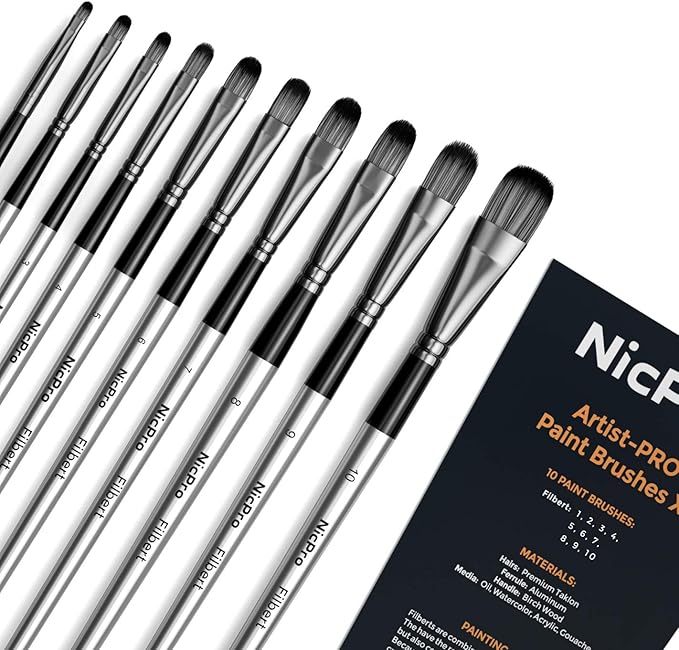 Nicpro 10 PCS Filbert Paint Brushes Art Painting Brush Set for Acrylic Watercolor Oil Gouache Canvas, Craft Detail Face Body Painting, Artist Kit for Kid & Adult