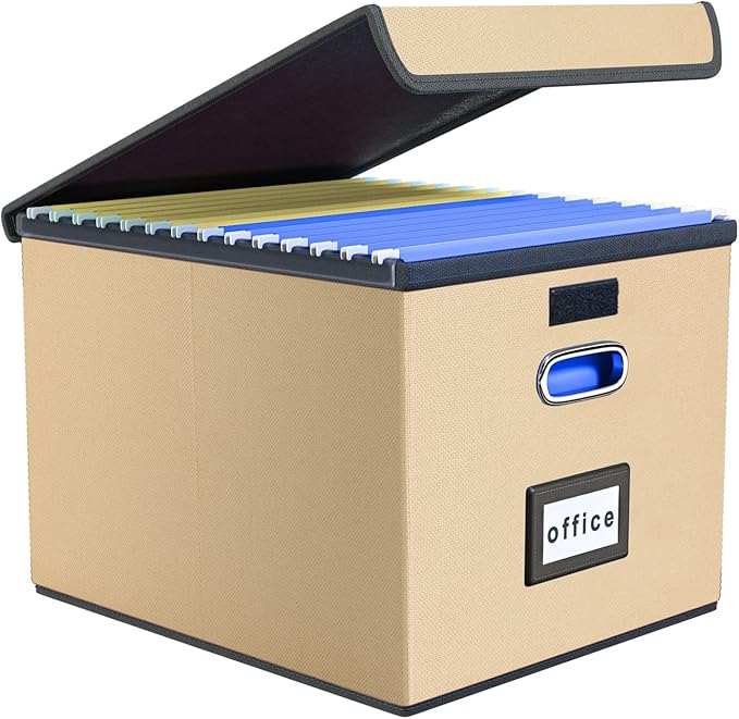 Huolewa File Organizer Box with Lid, Collapsible File Folder Organizer for Office Document Storage, Filing Box with Plastic Slide for Letter/Legal Size Hanging Files (Brown)