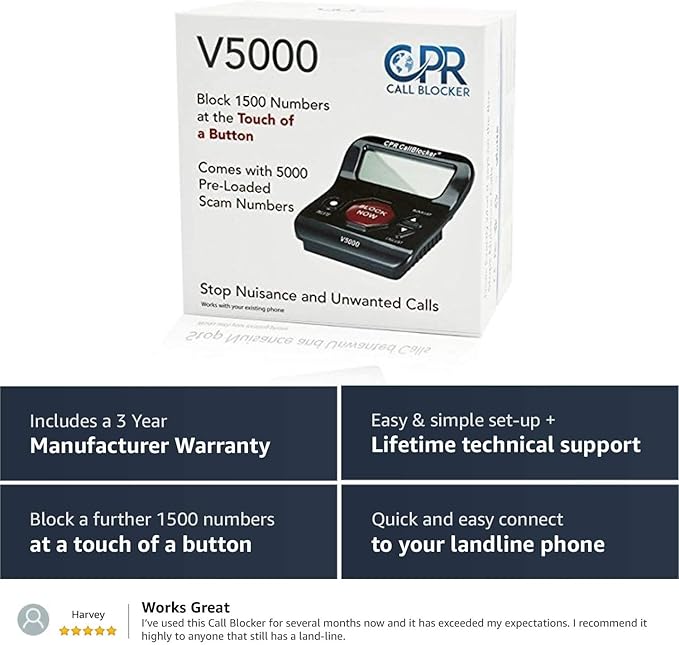CPR V5000 Call Blocker for Landline Phones, Home Phones, Cordless Phones – Stop All Unwanted Calls, Robocalls, Scam Calls at a Touch of a Button - Join Over 1 Million Satisfied Customers