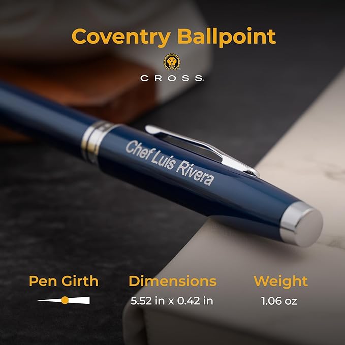 Personalized, Custom Engraved Cross Pen for Men or Women | Cross Coventry Ballpoint Pen | Luxury Gift for Office, Graduation and Business [Blue Lacquer with Chrome Trim]