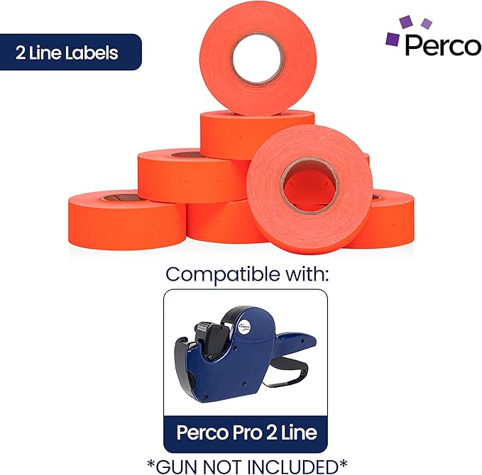 Perco 2 Line Fluorescent Red Labels - 80 Rolls, 10 Sleeves, 80,000 Blank Price and Date Gun Labels for Perco 2 Line Price and Date Guns - Made in USA