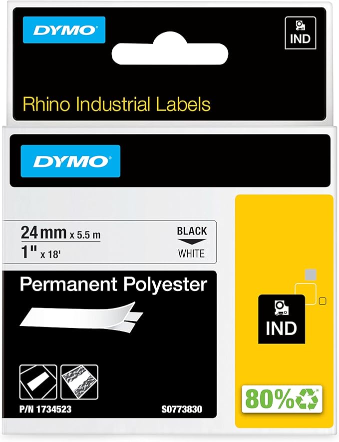 DYMO Rhino Industrial Permanent Polyester Labels, 1", Black Print on White Tape
