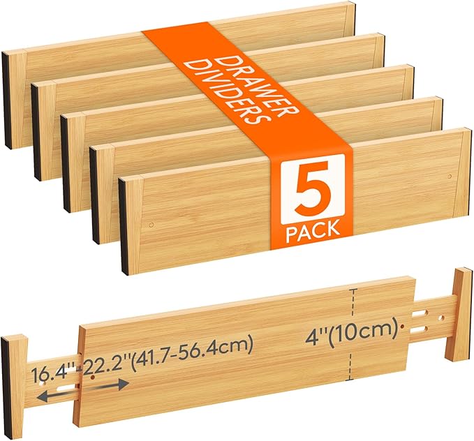 Lifewit 16-22" L x 4" H Drawer Dividers Bamboo 5 Pack, Adjustable Drawer Organizers for Clothes, Expandable Dresser Separators in Bedroom/Bathroom/Kitchen/Fridge/Office Organization and Storage