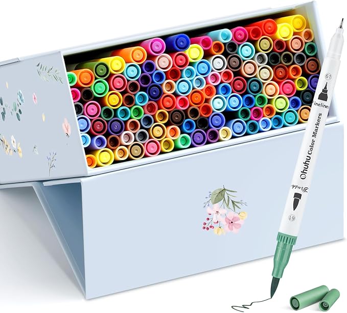 Ohuhu Markers for Adult Coloring Books No Bleeding 120 Colors Coloring Markers Water-based Dual Tips Fineliner & Brush Drawing Pens Art Markers for Kids Adults Sketch Journal - Maui - White