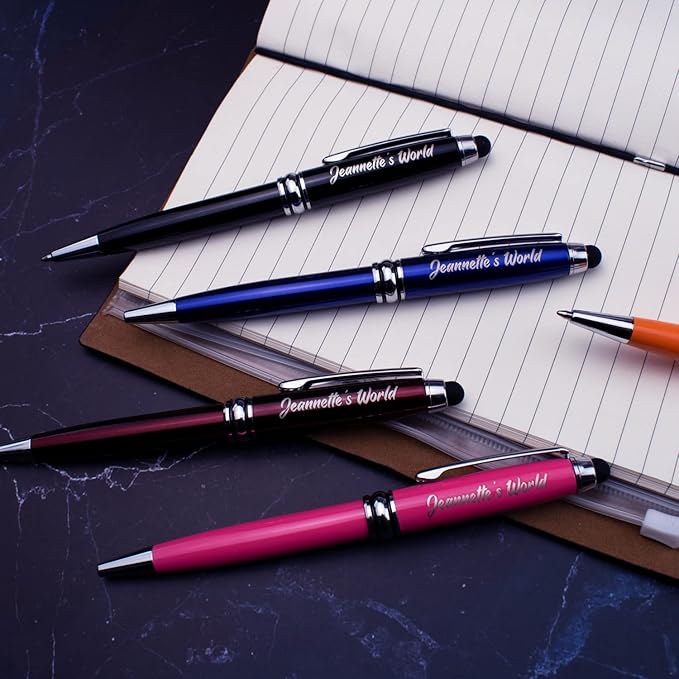 Ancolo Personalized Ballpoint Pens with Stylus - Engraved with Your Message Name/Phone Number Metal Body Black ink Gift for Bank, Office, Hotel Lobbies, Groomsmen Gift 10 Pens/Box