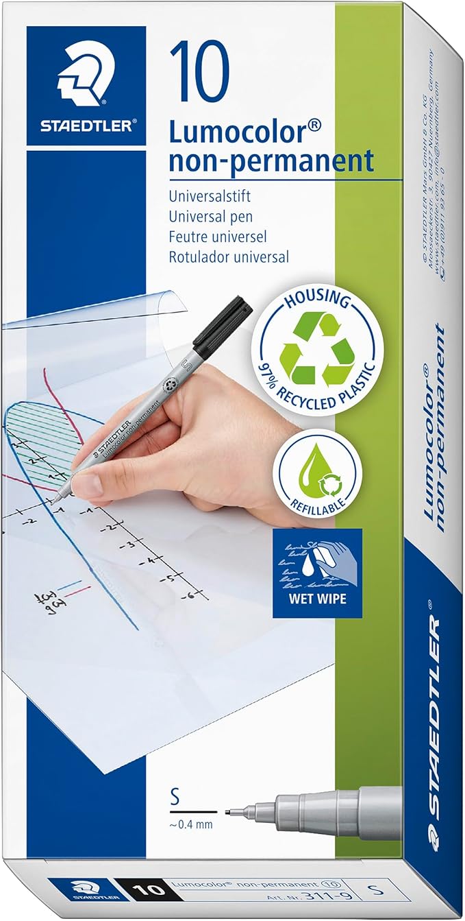 STAEDTLER Lumograph Non-Permanent Wet Erase Marker Pen, Extra Fine Tip, Low Odor Colored Markers, Black, 311-9