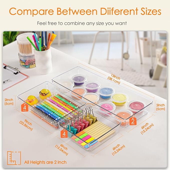 Criusia Drawer Organizer, 10 Pack Large Clear Plastic Kitchen Drawer Organizers Set, 3 Size Versatile Bathroom and Vanity Drawer Organizer Trays, Storage Bins for Makeup, Bedroom, Kitchen Utensils