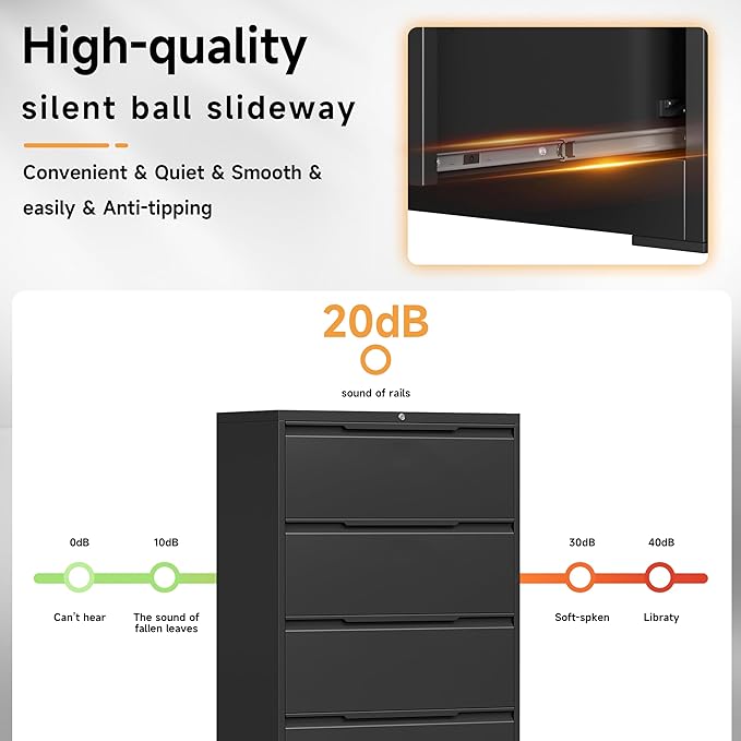 4 Drawer Lateral File Cabinet, Metal Lateral Filing Cabinet with Lock for Hanging Files Letter/Legal/F4/A4 Size, Easy Assemble Black