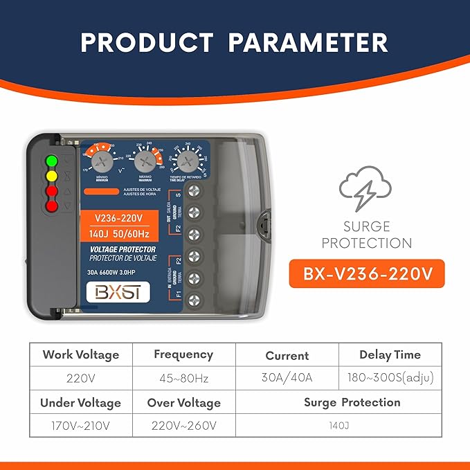 BXST Wiring Surge Protector with Adjustable Over/Under Voltage Protection Power Suppressor Protector, 220V, 30A, Up to 6600W Heavy Duty Power Surge Protection for Refrigerators, Air Conditioning, TV