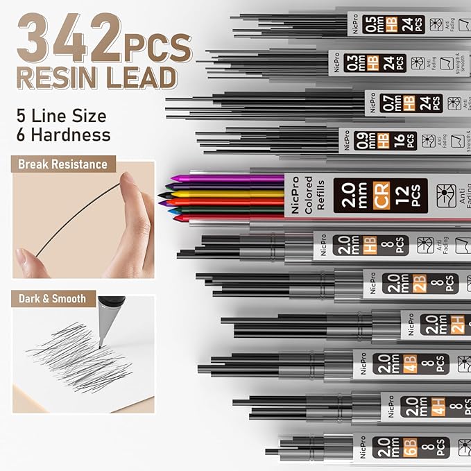 Nicpro 37PCS Gold Art Mechanical Pencil Set, 4PCS Metal Drafting Pencil 0.3/0.5/0.7/0.9 mm & 2PCS 2mm Lead Holder (6B 4B 2B HB 2H 4H) School Supplies for Sketching Drawing with 23 Tube Lead Refills