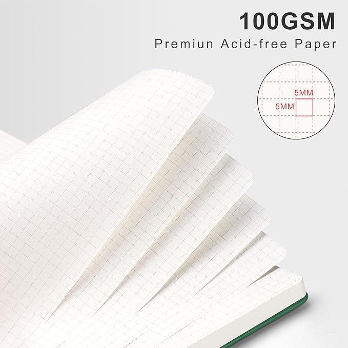 RETTACY Graph Grid Paper Notebook, 110 Pages, A4 Large Size (8.5'' × 11''), 5 Squares per Inch, Leather Hardcover, 100 GSM Thick Paper, for School, Students, Math, Engineering (Dark Green)
