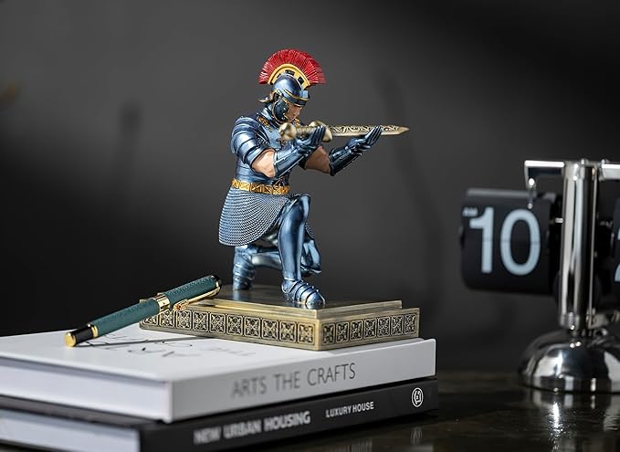 Roman Praetorian Warrior Knight Pen Holder Desk Ornament Resin Pencil Holder Desk Accessories and Organizer for Office with a Letter Opener (Blue)