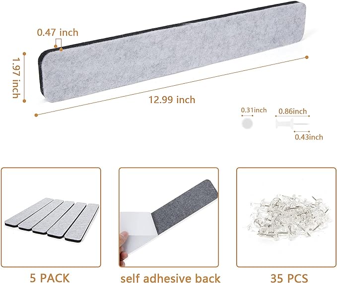 5 Pack Felt Pin Board Bar Strips Bulletin Board for Bedrooms Offices Home Wall Decoration, Notice Board Self Adhesive Cork Board with 35 Push Pins for Paste Notes, Photos, Schedules (Grey)